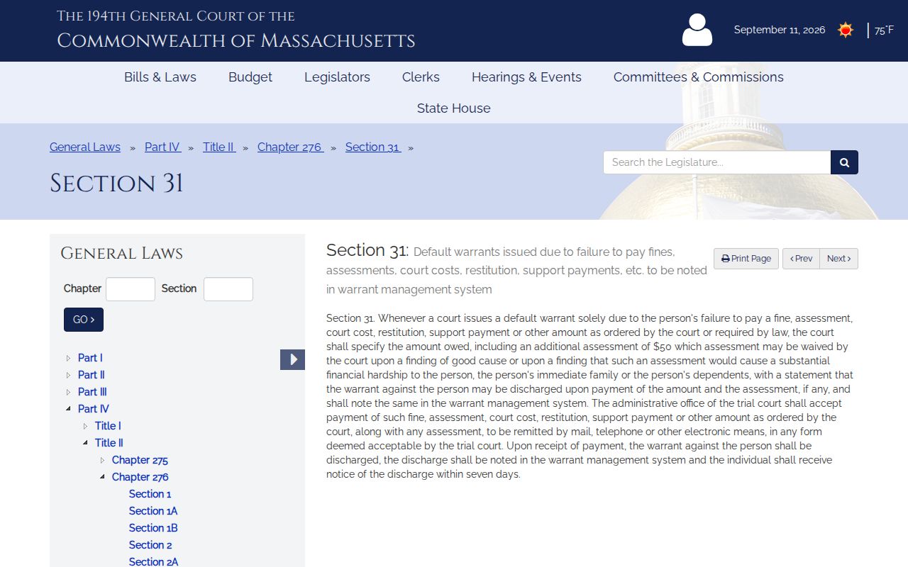 Massachusetts statute page governing Suffolk County active warrant recall and payment-only discharge