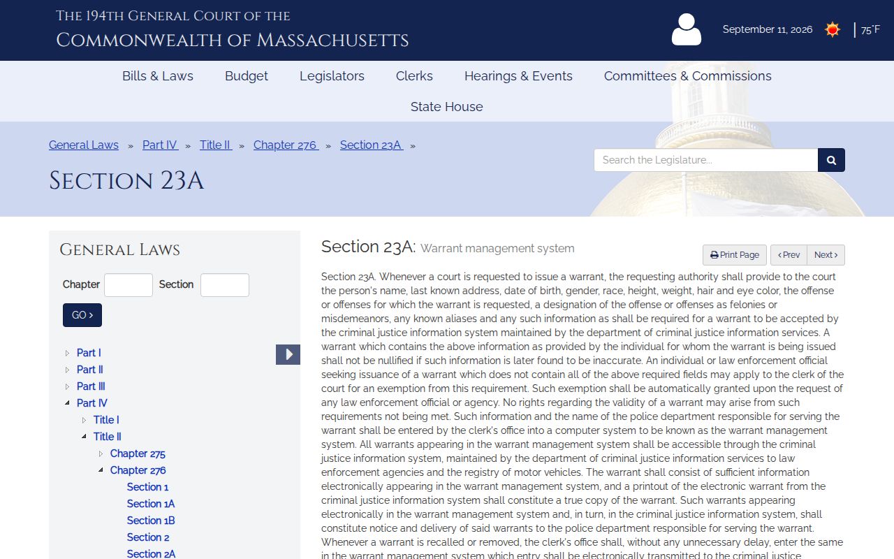 Suffolk County outstanding warrant list rules in the Massachusetts statute on the warrant management system