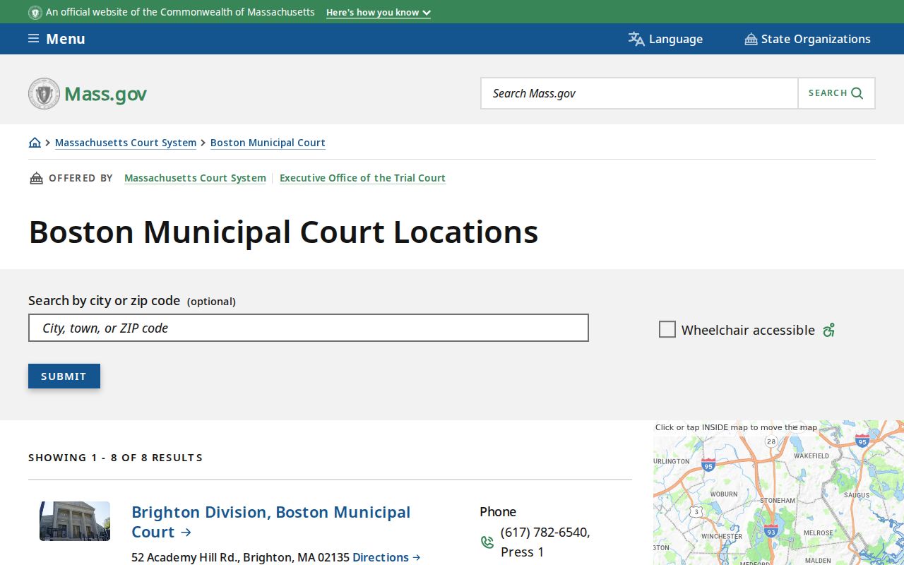 Suffolk County traffic warrant search reference to the eight Boston Municipal Court division locations