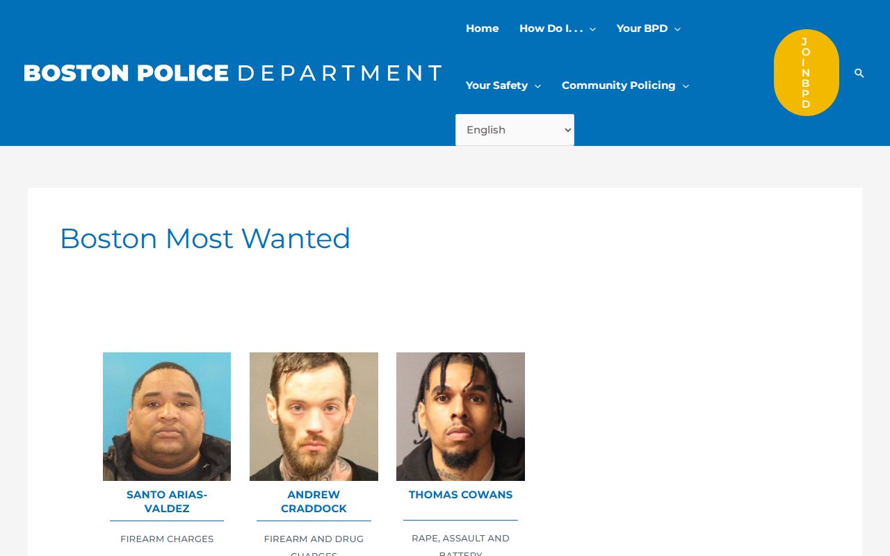 Suffolk County most wanted list program page maintained by the Boston Police Department