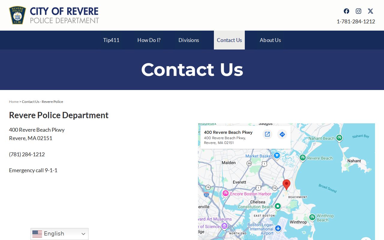 Revere warrant search contact page for the Revere Police Department in Massachusetts