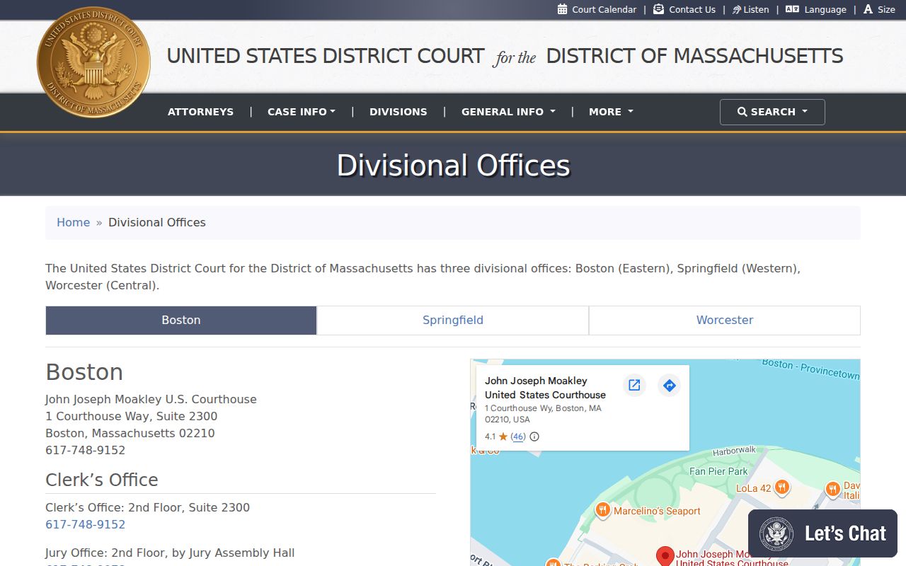 Suffolk County warrant search reference to the federal District of Massachusetts court divisions